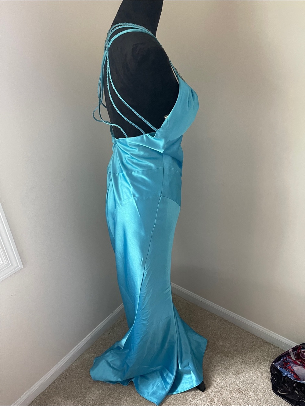 Turquoise Satin Dress with Embellished V-Neck and Criss-Cross Straps - Picture 2 of 6